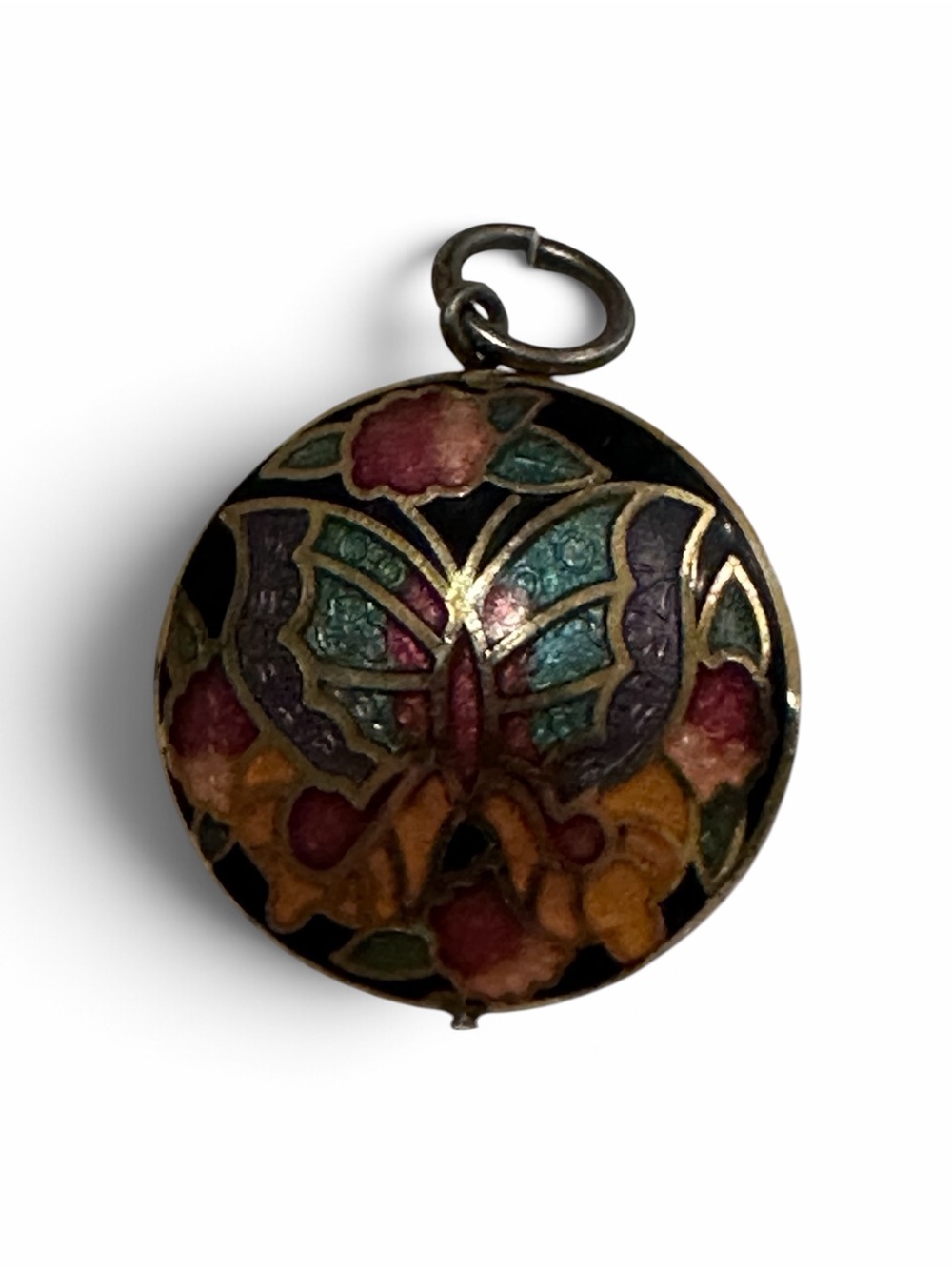 Vintage Cloisonné Enamel Butterfly Floral Pendant Charm